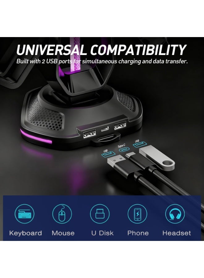 epicarma حامل سماعات RGB مع 9 تأثيرات ضوئية و 2 منفذ شحن USB - حامل وحدة التحكم للمكتب - حامل سماعات رأس و خطاف وحدة تحكم قابل للفصل لإعداد غرفة الألعاب على الكمبيوتر - Image 4